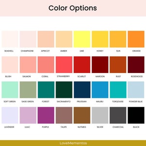 May include: A colour palette chart with 36 colour swatches. Each swatch is labelled with a colour name, such as Seashell, Champagne, Apricot, Amber, Lime, Honey, Sun, Orange, Blush, Salmon, Coral, Strawberry, Scarlet, Maroon, Rust, Rosewood, Soft Green, Sage Green, Forest, Sacramento, Prussian, Malibu, Turquoise, Powder Blue, Lavender, Lilac, Purple, Taupe, Nutmeg, Silver, Charcoal, and Black.