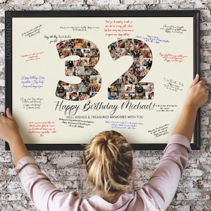 32e verjaardag gastenboek bord, 32e verjaardagscadeau voor mannen vrouwen hem haar, 32e verjaardagsfeestje decoraties uitnodigingskaart SVG, 32 jaar oud