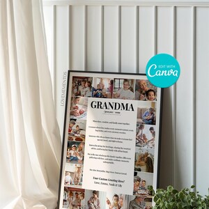 May include: A framed print with the word "GRANDMA" and a collage of family photos. The print includes text about love and family, with a custom greeting at the bottom. The Canva logo is visible.