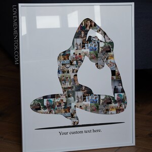 May include: A white framed photo collage of a person in a yoga pose. The photo collage is made up of many smaller photos of people. The text "Your custom text here." is printed below the photo collage.