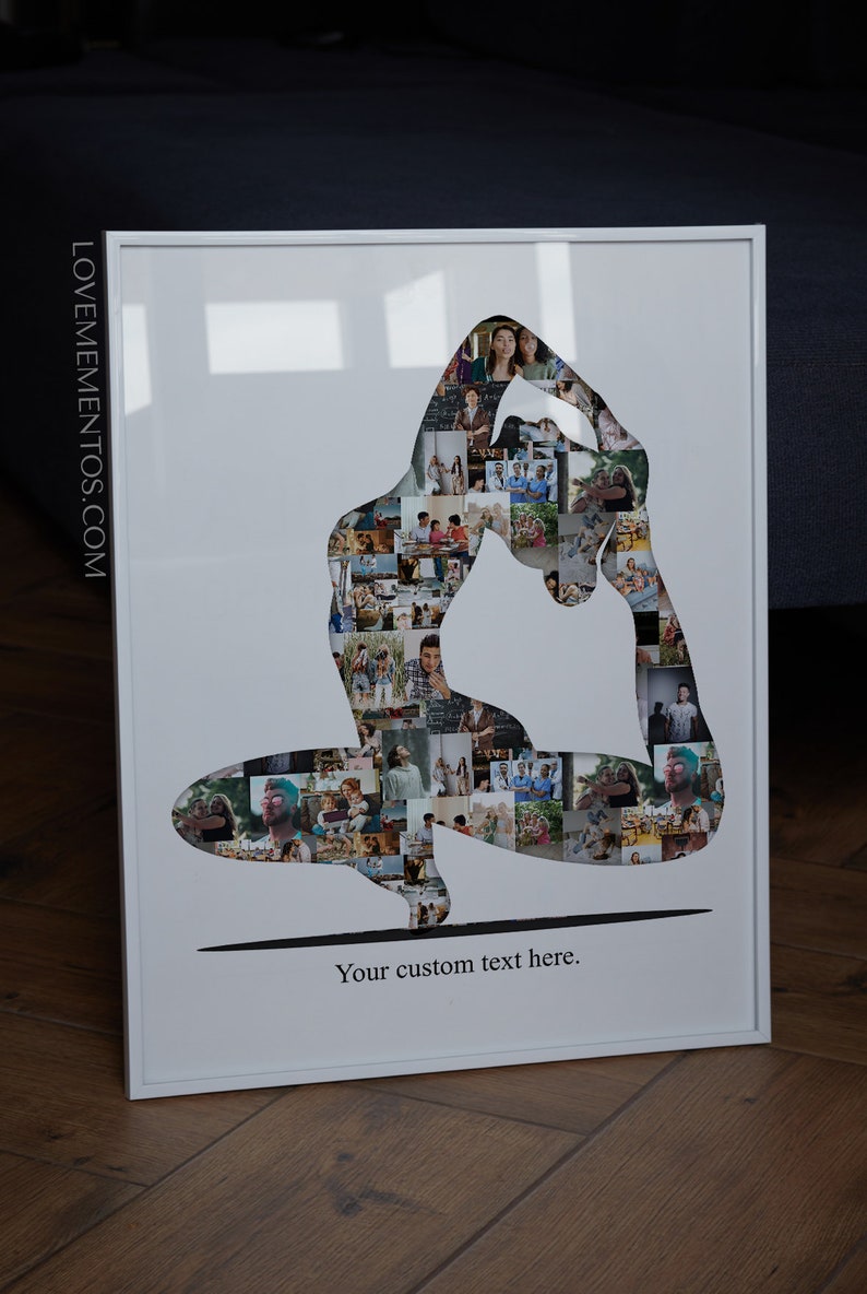 May include: A white framed photo collage of a person in a yoga pose. The photo collage is made up of many smaller photos of people. The text "Your custom text here." is printed below the photo collage.