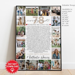 May include: A framed photo collage with multiple family photos, text that reads "seventy eight" and "Reasons We Love You," and the name "Nathalie Davies." The collage is a personalized gift for a 78th birthday.