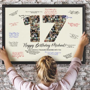 Letrero de libro de visitas para el 17.° cumpleaños, regalo para el 17.° cumpleaños de una hija, un hijo o una niña, tarjeta de invitación con decoraciones para fiestas de 17.° cumpleaños en formato SVG para él o ella