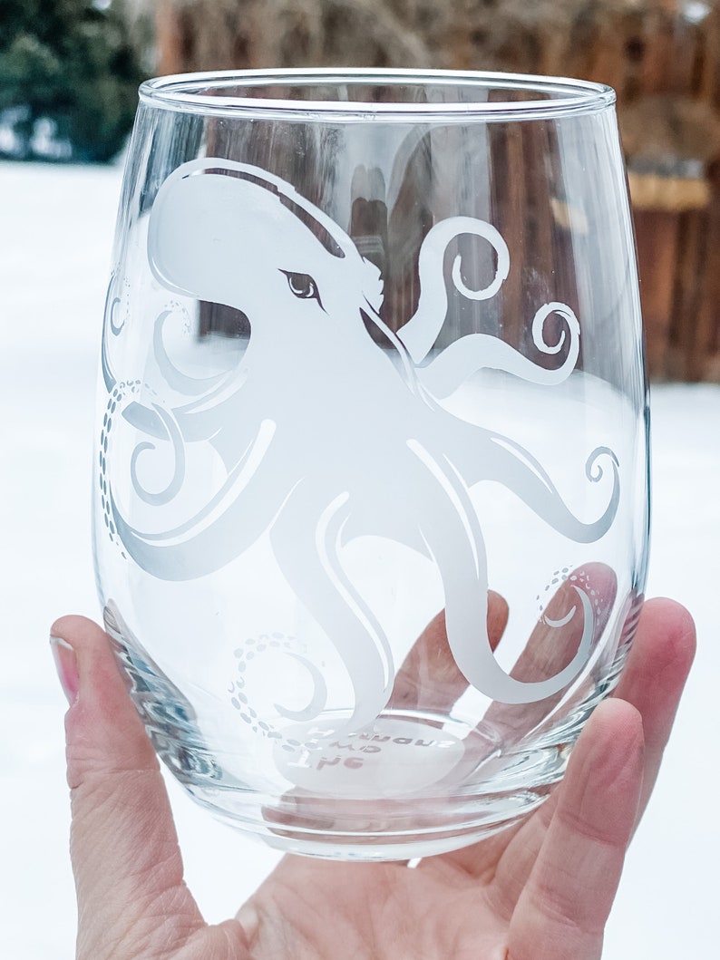 Etched Wine Glass Octopus Wine Glass Dishwasher Safe Etched Etsy
