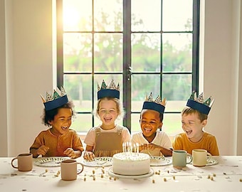 Op de afbeelding: Vier kinderen met papieren kronen lachen rond een verjaardagstaart met brandende kaarsen. De kinderen zitten aan een tafel met bekers en borden. De kronen zijn donkerblauw met een gouden luipaardprint.