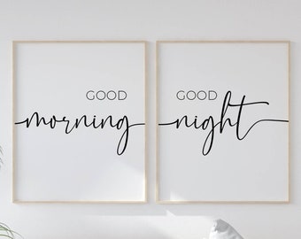 good morning good night, set of 2 prints bedroom wall art, couple bedroom wall decor over the bed signs printable art, wall posters download