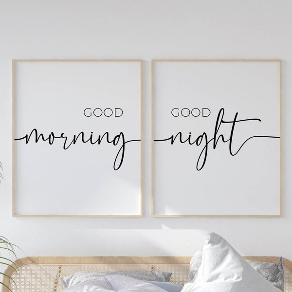 good morning good night, set of 2 prints bedroom wall art, couple bedroom wall decor over the bed signs printable art, wall posters download