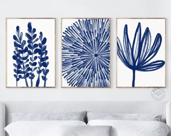 blue abstract wall art digital, living room wall decor blue printable art, bedroom wall art set of 3 above bed decor, blue botanical prints