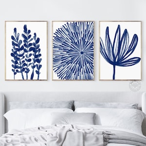 blue abstract wall art digital, living room wall decor blue printable art, bedroom wall art set of 3 above bed decor, blue botanical prints