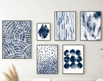 Navy Wall Art Set Of 3 Prints Download, Blue Abstract Art, Modern Watercolor Abstract Art Gallery Wall Decor Printable Art, Hallway Wall Art