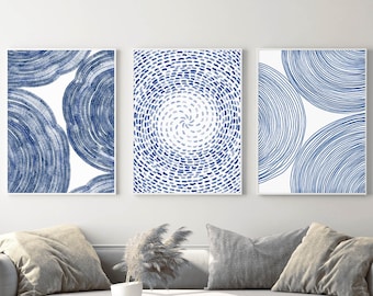 impresiones digitales de arte de pared azul, arte de la pared del dormitorio azul sobre la decoración de la pared de la cama moderna, conjunto de arte de la pared de la sala de estar de 3 arte de pared minimalista imprimible