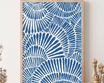 May include: A rectangular wall art print featuring a repeating pattern of blue fan-shaped motifs on a white background. The design consists of radiating brushstroke lines that create overlapping semi-circular shapes, all encased in a light wood frame.