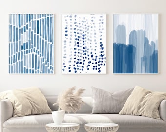 Set Of 3 Wall Art Blue Prints Download, Living Room Art Printable Above Couch Wall Decor, Bedroom Prints Over The Bed Decor Watercolor Art
