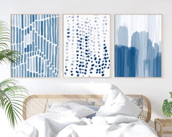 Set Of 3 Wall Art Blue Prints Download, Living Room Art Printable Above Couch Wall Decor, Bedroom Prints Over The Bed Decor Watercolor Art