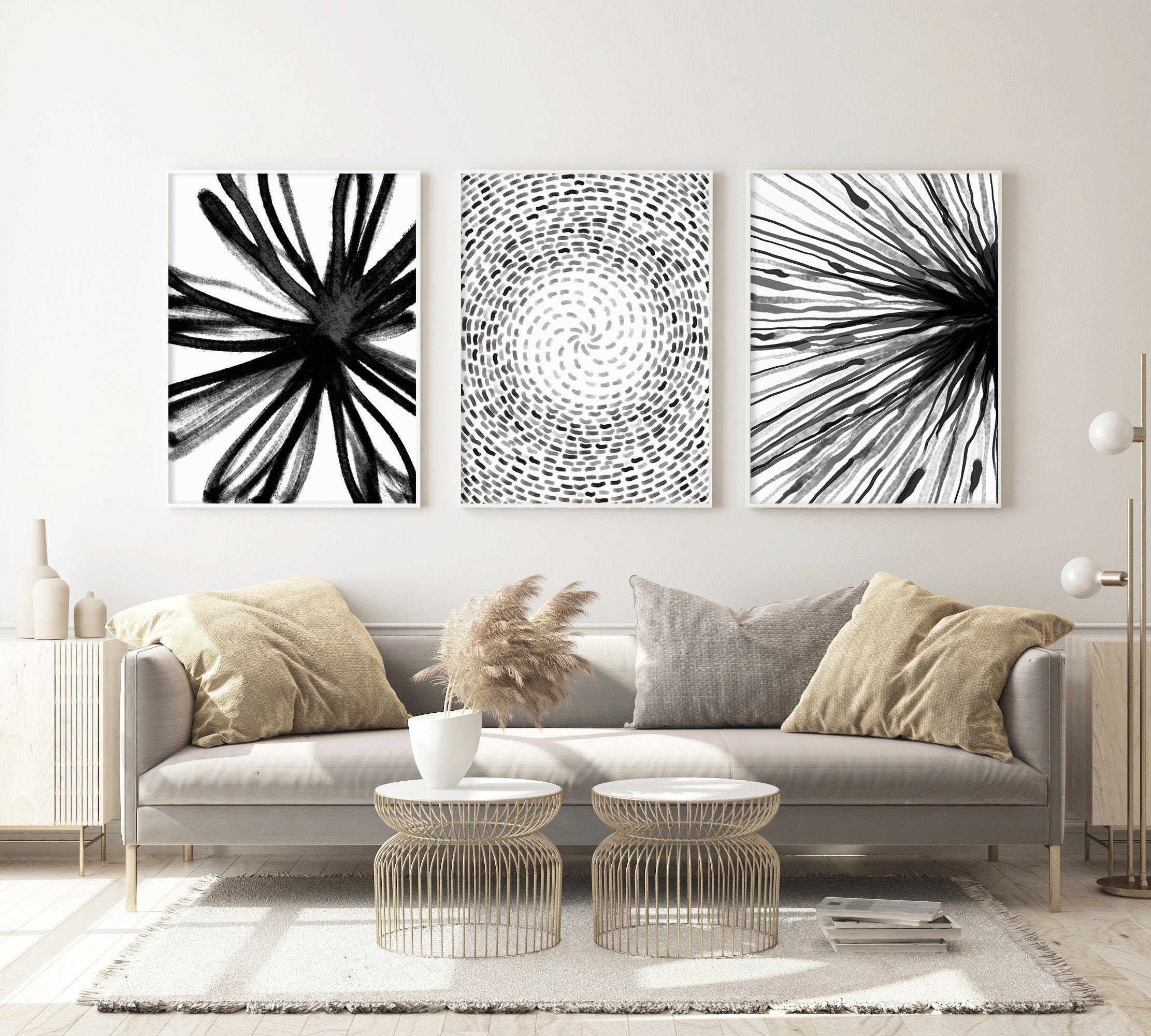Black and white wall art set of 3 abstract prints black | Etsy