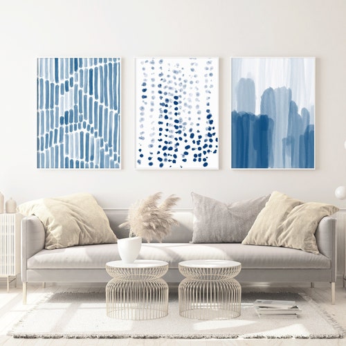 Blue Wall Art Set of 3 Watercolor Prints Blue Abstract Art Etsy