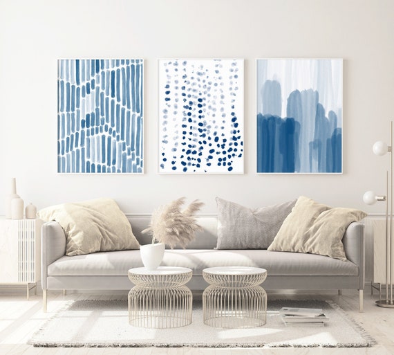 Blue Wall Art Set of 3 Watercolor Prints Blue Abstract Art Etsy