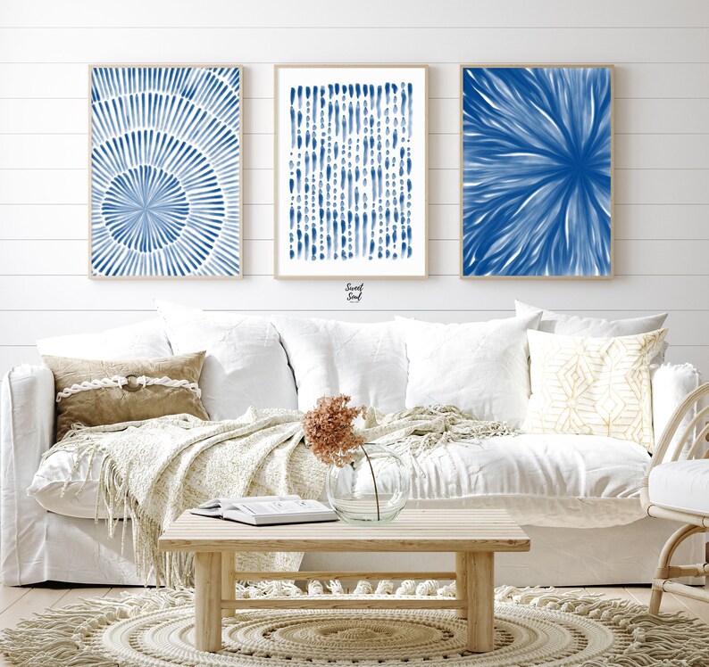 Blue Art Prints Set of 3 Living Room Wall Decor Abstract | Etsy
