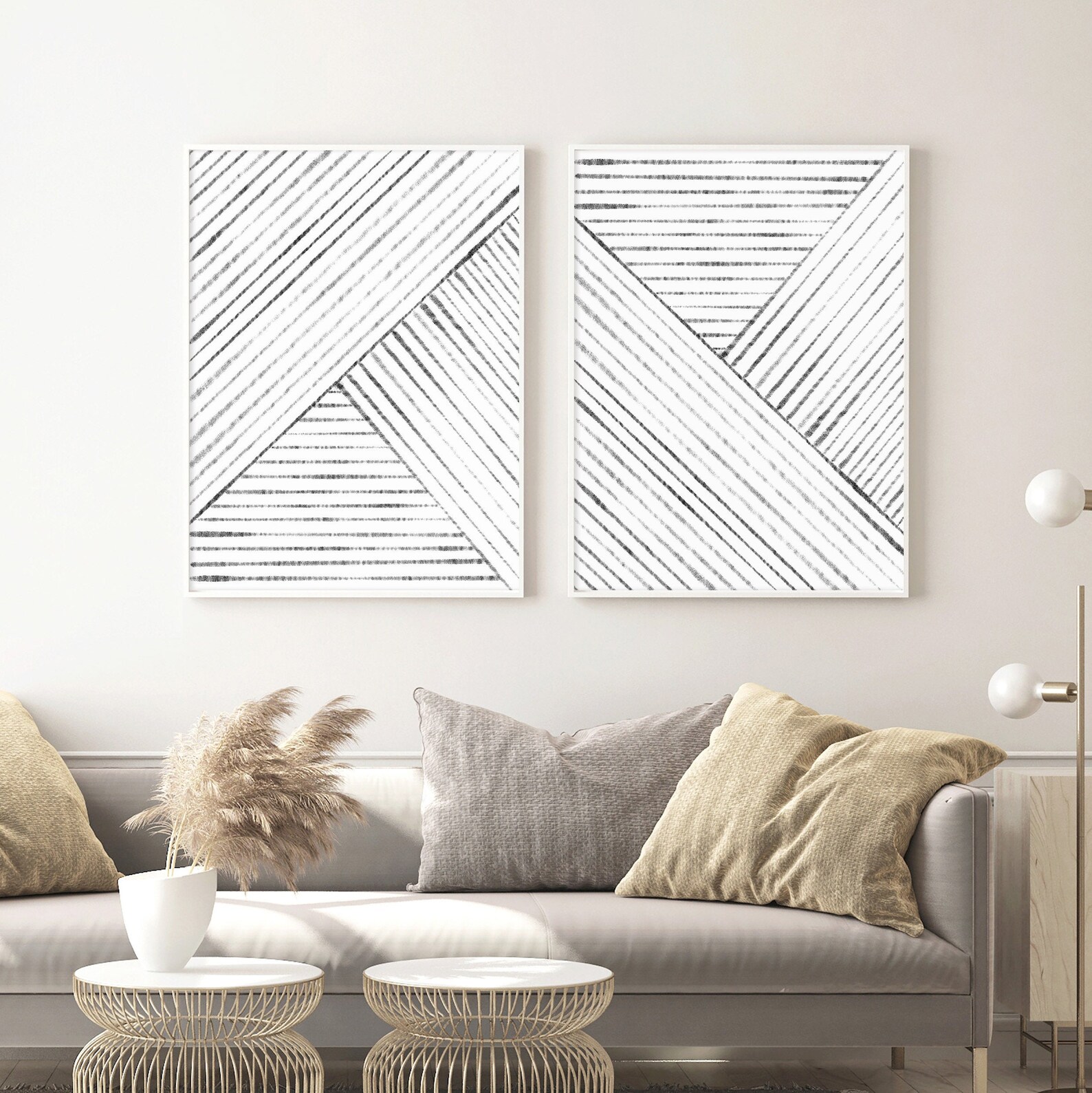 Living room wall art minimalist prints set of 2 modern line Etsy