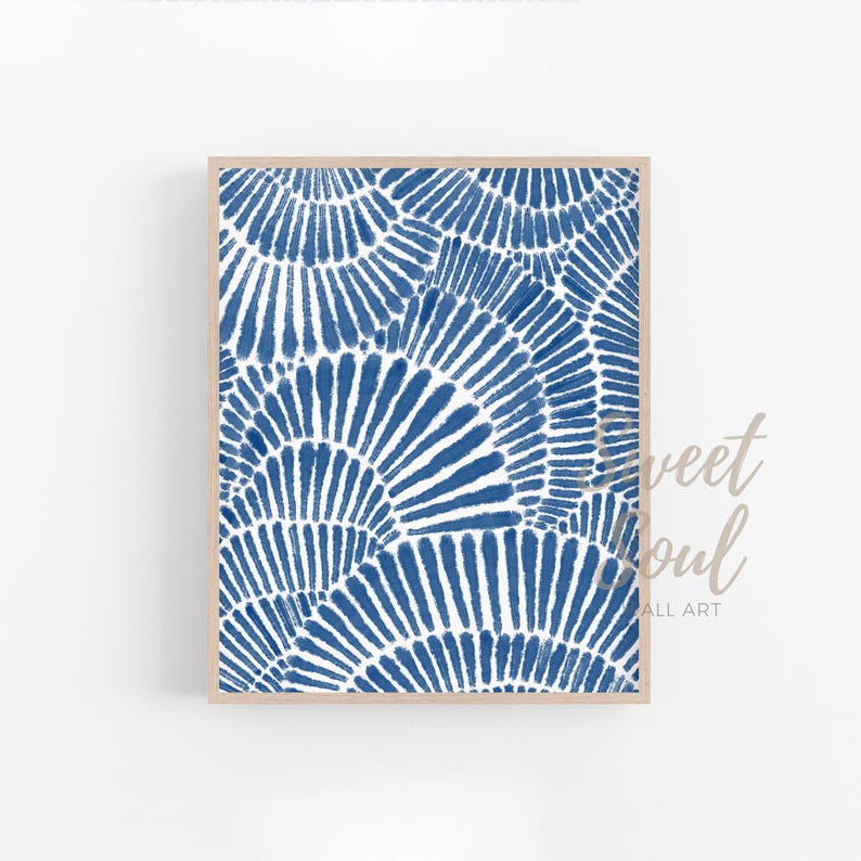 May include: A digital art print featuring a blue and white abstract pattern of overlapping circles with a textured brushstroke effect.