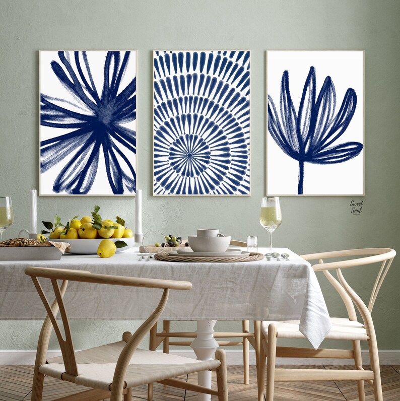Digital Prints Blue Wall Decor Art Set of 3, Modern Abstract Wall Art ...