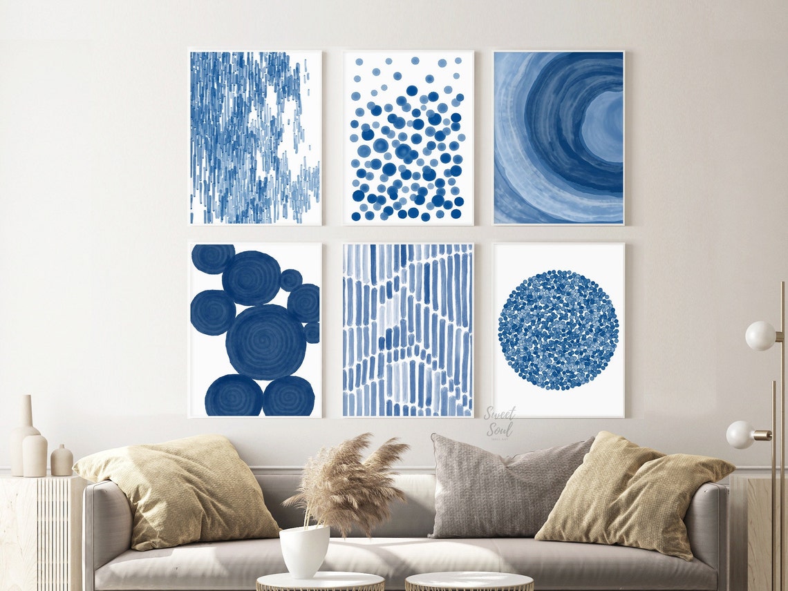 Blue Gallery Wall Art Set Blue Abstract Prints Navy Art Etsy