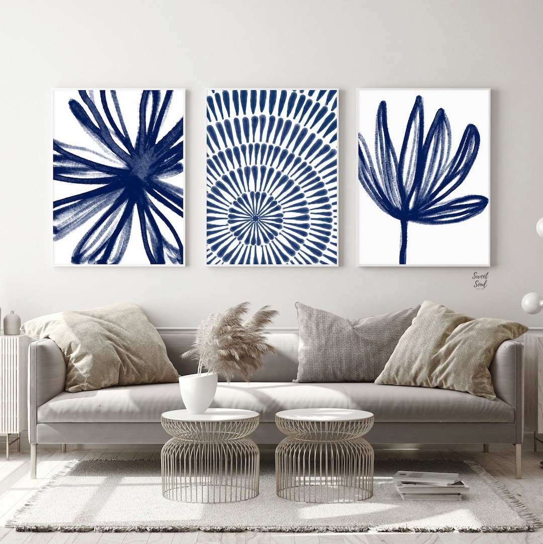 Digital Prints Blue Wall Decor Art Set of 3, Modern Abstract Wall Art ...