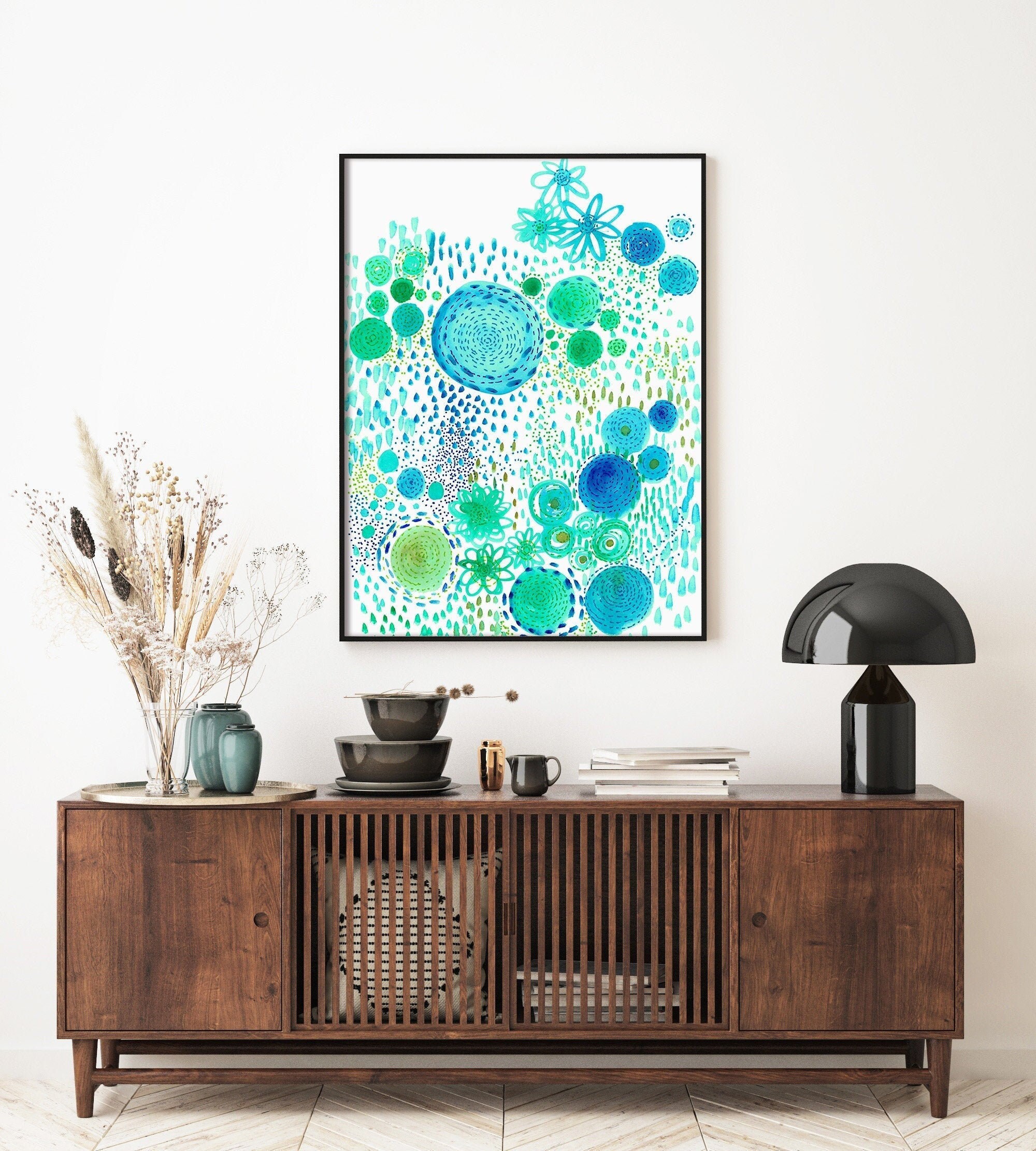 Blue green abstract wall art print printable modern art floral Etsy