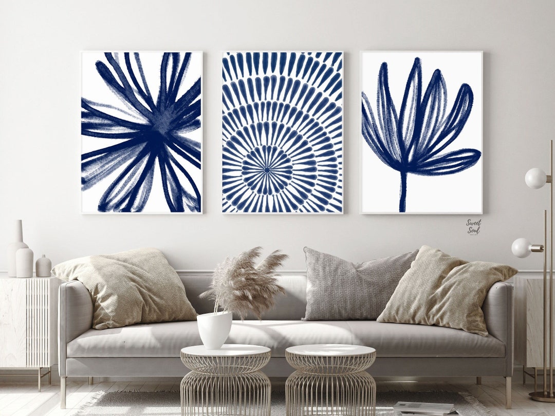 Wall Art Set of 3 Blue Abstract Digital Prints, Living Room Wall Decor ...