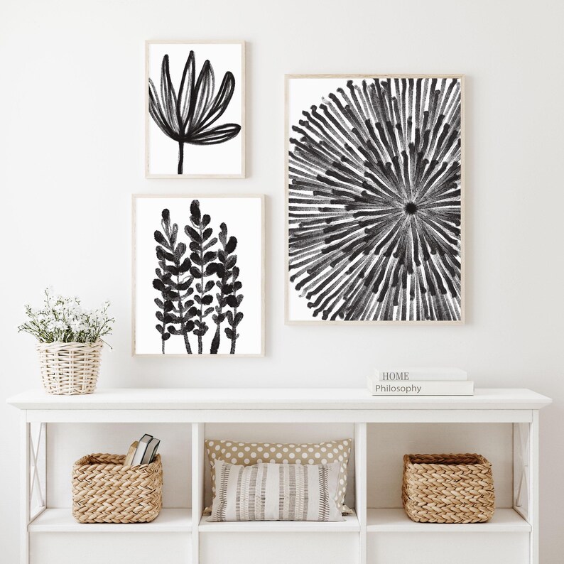 Black and White Abstract Art Prints Set of 3 Botanical Wall Art ...