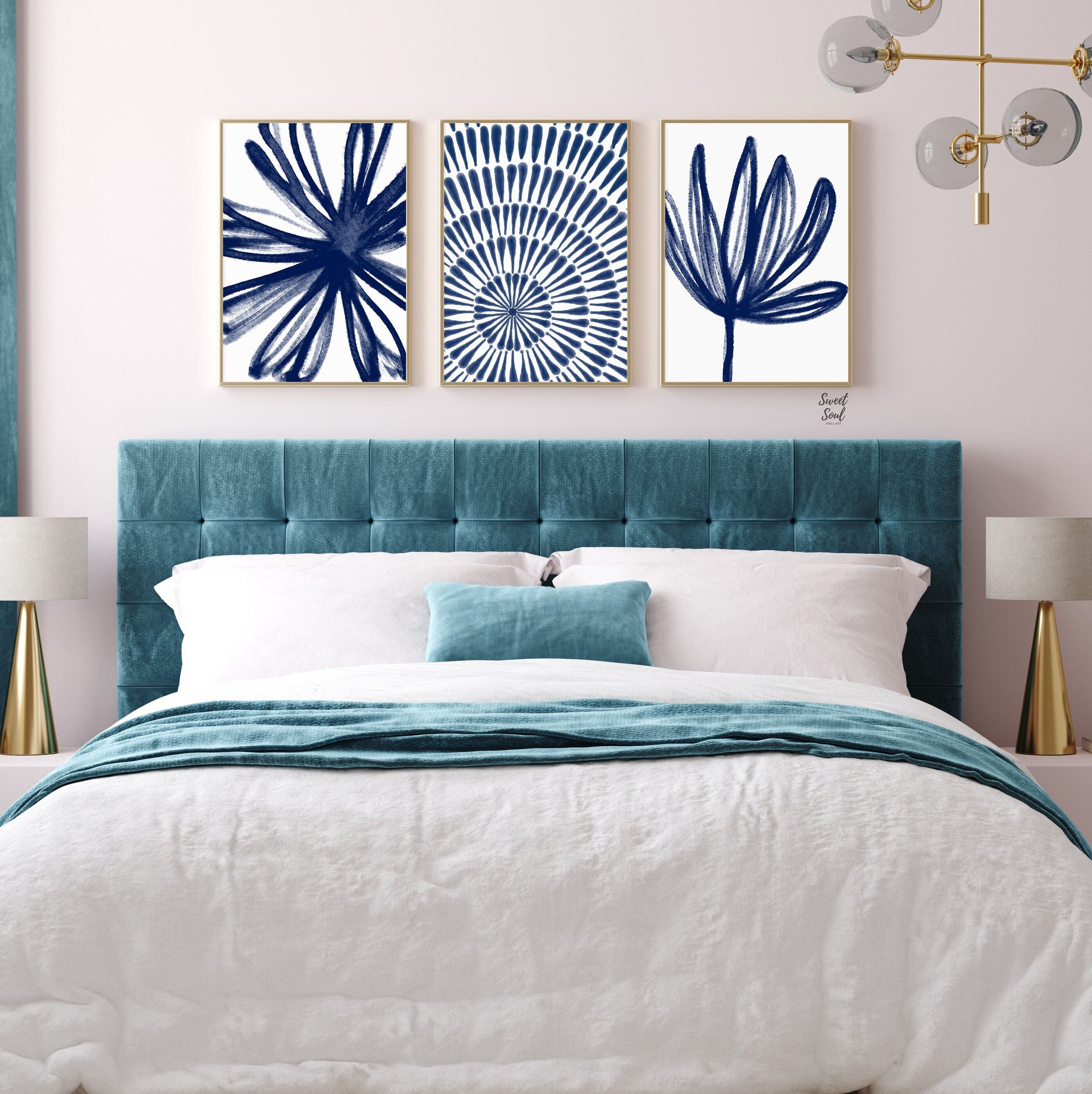 Digital Prints Blue Wall Decor Art Set of 3, Modern Abstract Wall Art ...