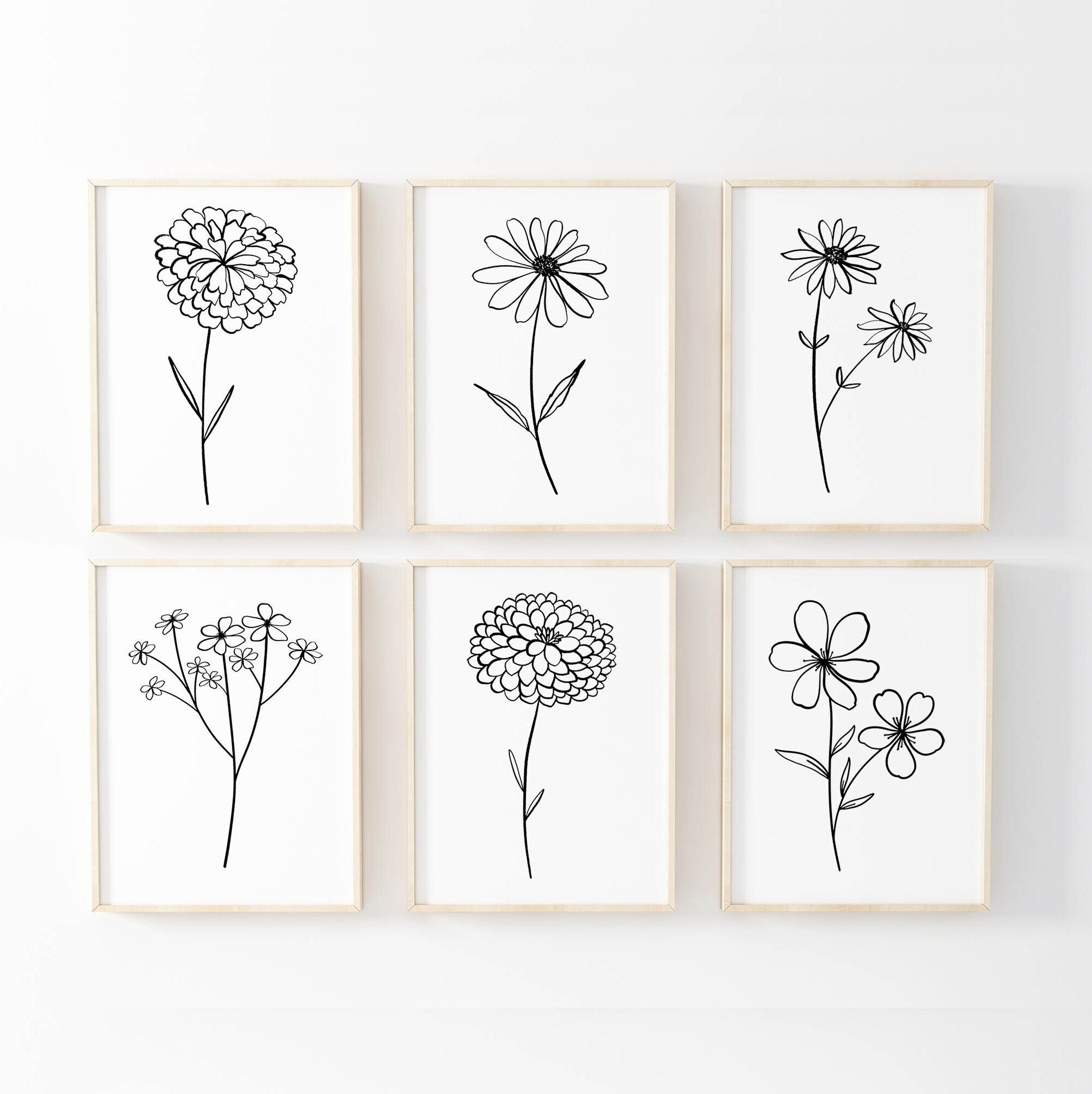 Flower Line Art Prints Simple Flower Wall Art Floral Etsy
