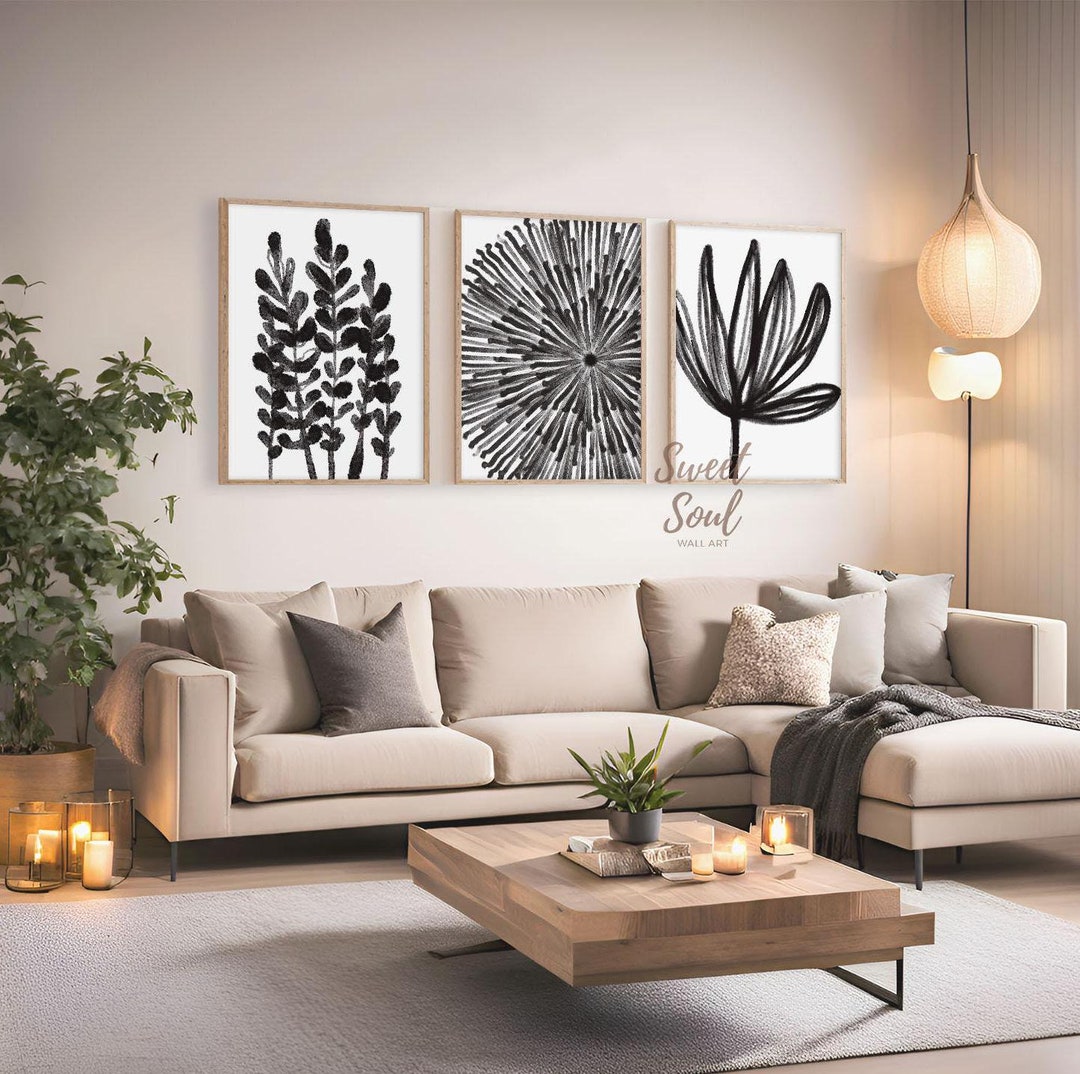 Black and White Abstract Art Prints Set of 3 Botanical Wall Art ...