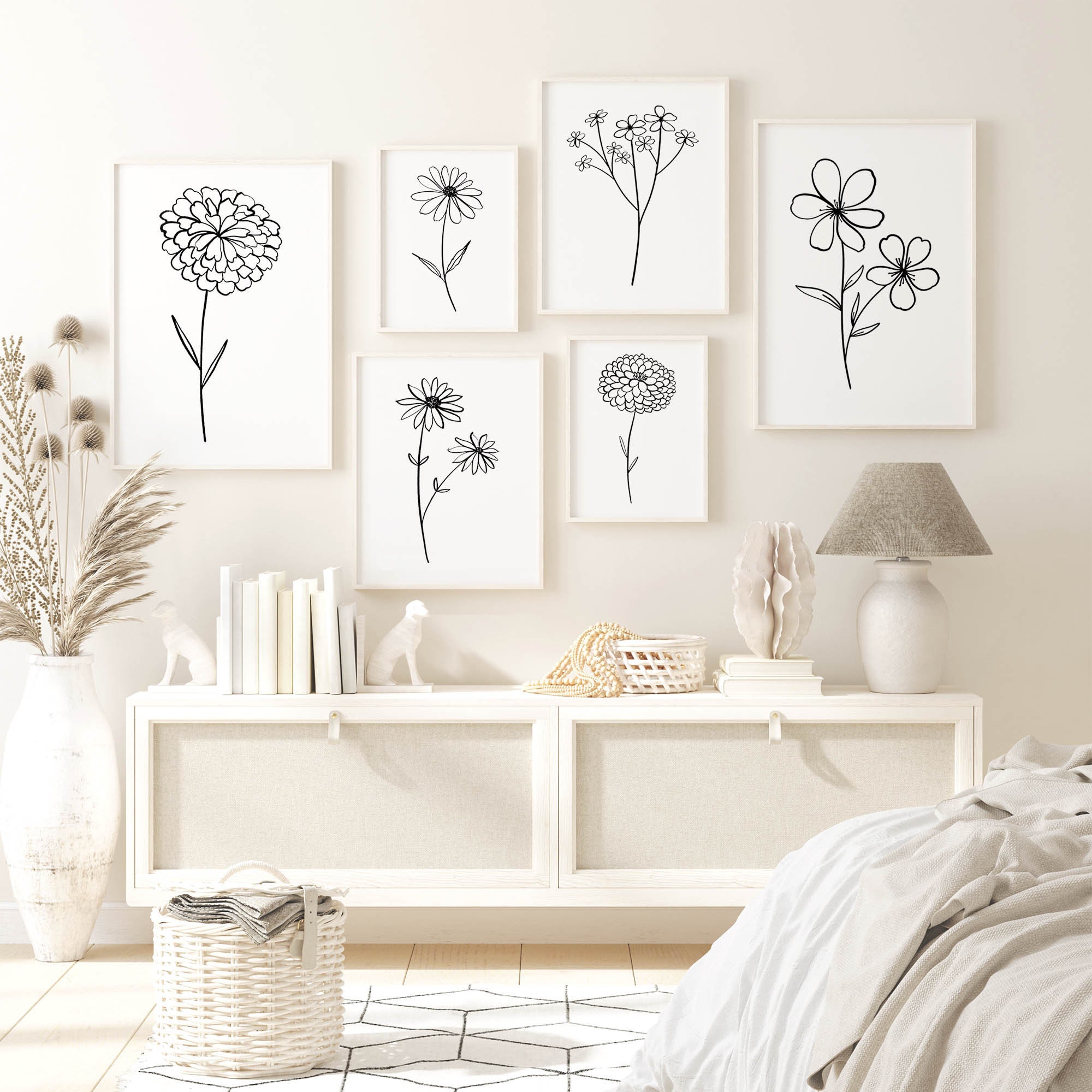 Flower Line Art Prints Simple Flower Wall Art Floral Etsy