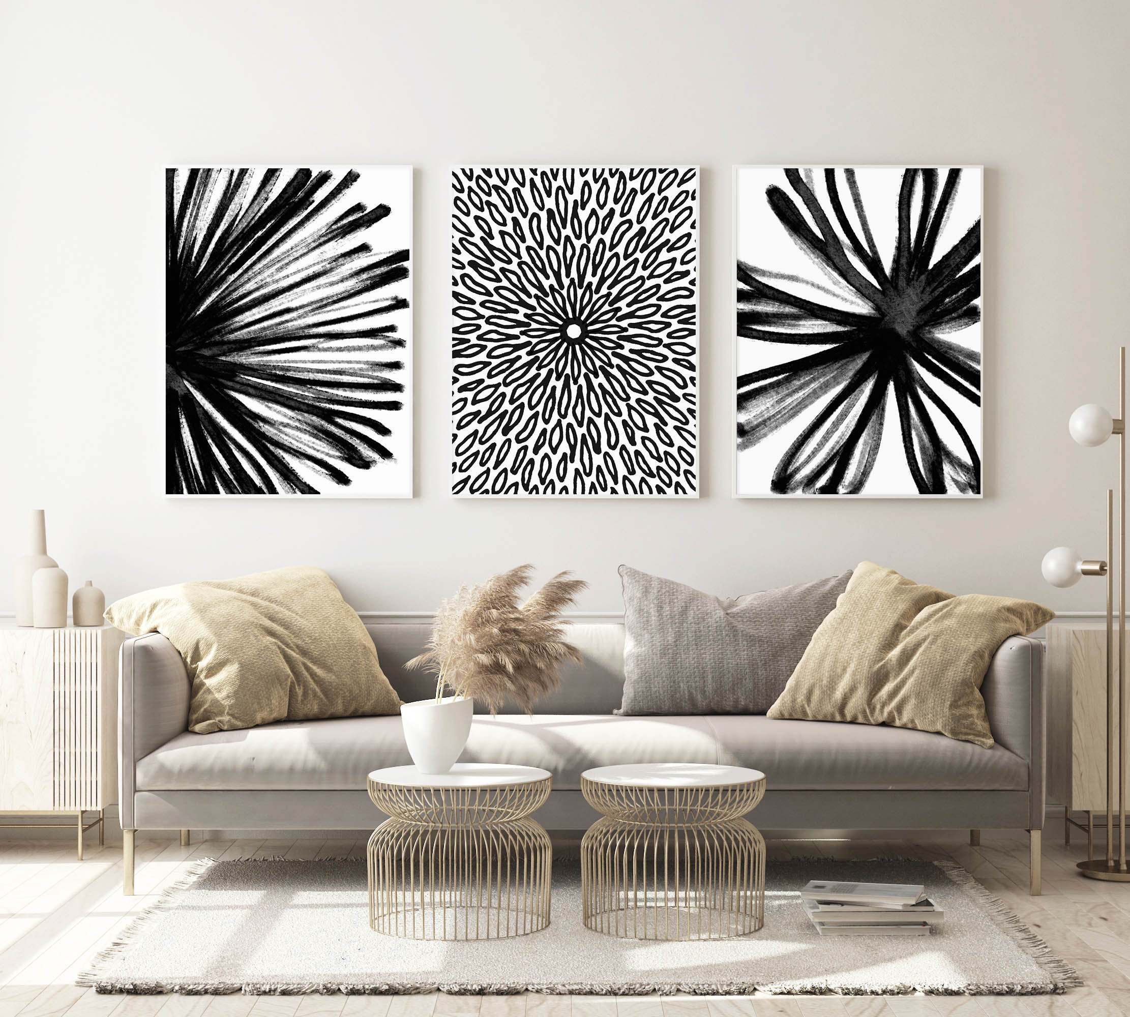 Black and White Abstract Art Prints Set of 3, Black Botanical Wall Art ...