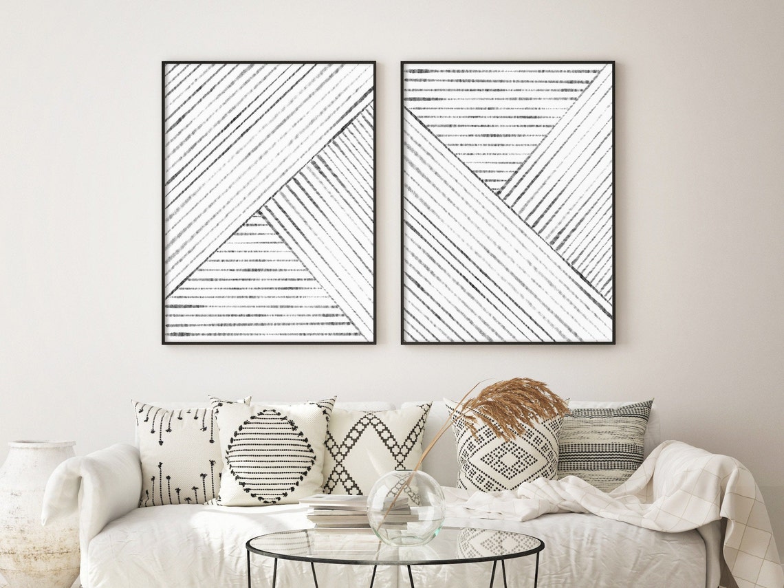 Living room wall art minimalist prints set of 2 modern line | Etsy