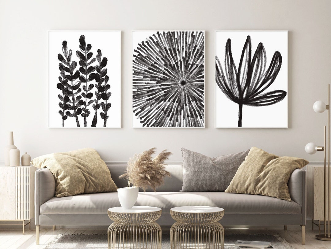 Black and White Abstract Art Prints Set of 3, Black Botanical Wall Art ...