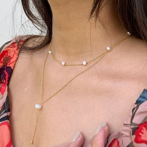 Collar de perlas Vermeil de oro, Collar de capas, Collar de novia para boda, Collar de perlas mínimas, Collar delicado