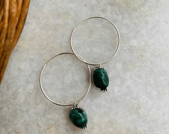 Natural Emerald Gemstone Hoop Earrings in Sterling Silver, Gift for her, Sterling Silver Hoop Earrings, Green Hoops, Bohemian woman earrings