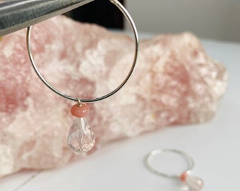 Natural Rose Quartz Gemstone Hoop Earrings in Sterling silver, Gift for her, Handmade Gemstone Jewelry, Christmas Gift