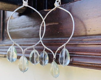 Green Amethyst Chandelier Earrings, Pear Drop Gemstone Earrings in 925 Sterling Silver Hoops, Gift for her, Best gift for her