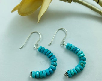 Natural Turquoise Gemstone Semi-Round Beaded Earrings in Sterling silver, Gift for her, Handcrafted earrings, Women earrings