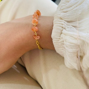 Sunstone semi precious gemstone Bracelet in 14k Gold Vermeil with chain extensions, handmade bracelet, Gift for her, Adjustable bracelet image 2