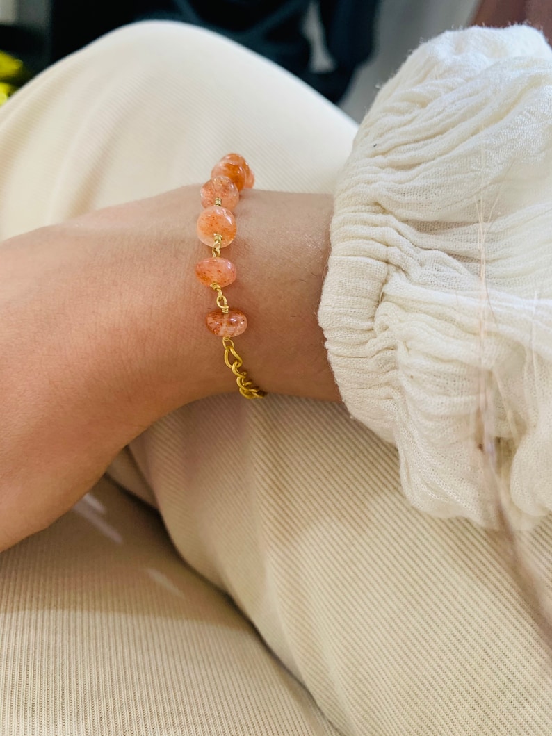 Sunstone semi precious gemstone Bracelet in 14k Gold Vermeil with chain extensions, handmade bracelet, Gift for her, Adjustable bracelet image 2