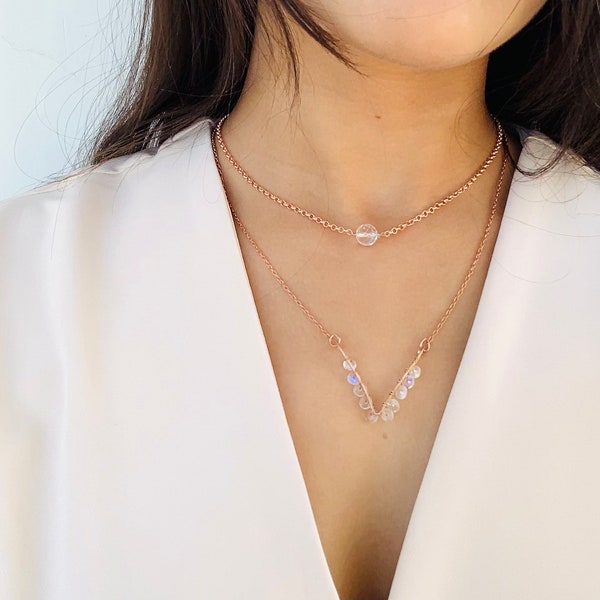 White topaz and moonstone layering necklace for woman, stackable necklace in rose gold with sterling silver as base metal, minimal necklace