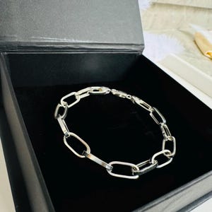 Classic Sterling Silver Link Bracelet | 925 Rectangle Chain | Minimalist Everyday Jewelry | Gift for Him Her | Silver Bracelet