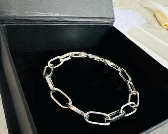 Sterling Silver Link Bracelet | Rectangle Chain, Everyday Jewelry
