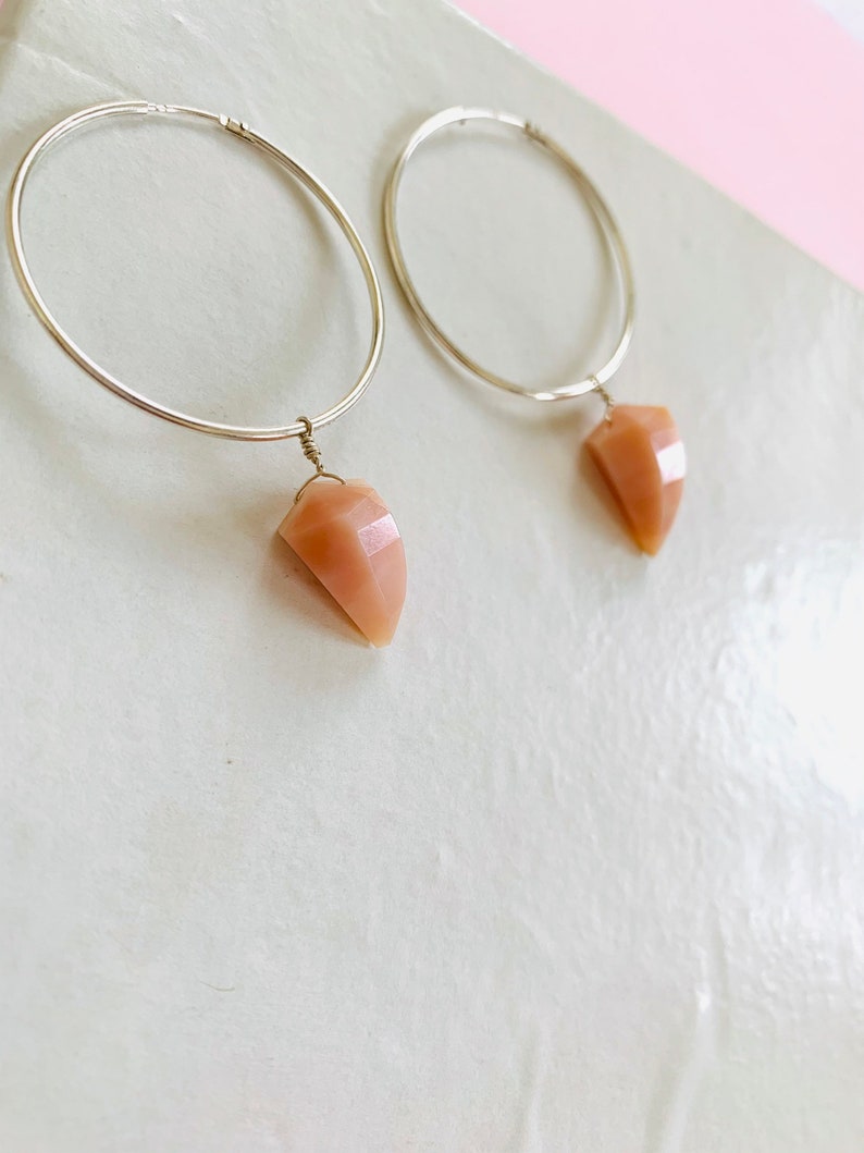 Pink Opal Gemstone Hoop Earrings in Sterling Silver , Birthstone Jewelry , Handmade Earrings , Gift For her image 3