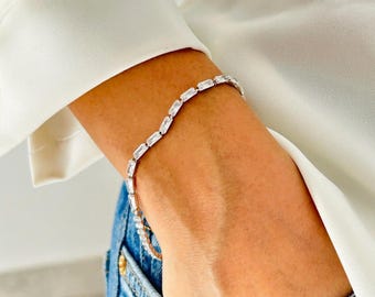 Sterling Silver CZ Bracelet | Round & Baguette Cut, Minimalist Jewelry