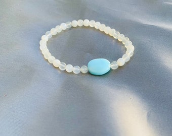 Adjustable Moonstone and Blue Opal Bracelet,  Stretchable Gemstone Bracelet, Stack Bracelet, Gift idea, Handmade Bracelet, Gift for her